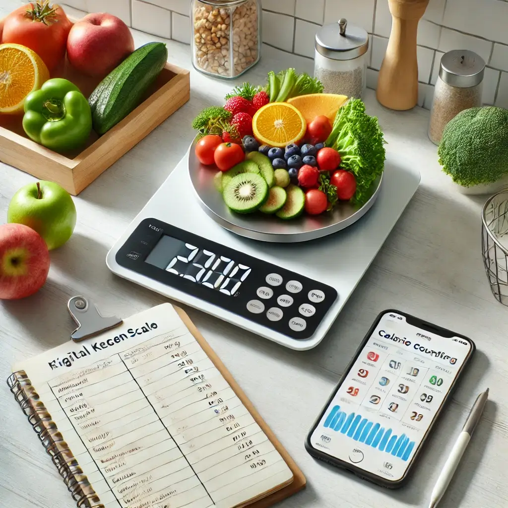 Balanza de cocina digital con un plato de frutas y verduras frescas, junto a una libreta de notas y un smartphone con una aplicación de conteo de calorías abierta.